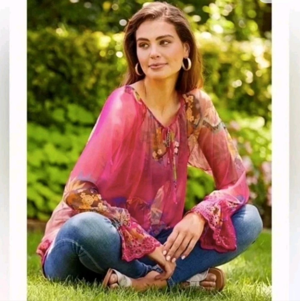 MAZZY JOHNNY WAS PINK FLORAL PLEASANT Blouse NEW TAGS DRALION 2 PIECE Cami L S - Picture 2 of 5